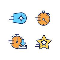 Speed and time pixel perfect RGB color icons set. Shooting star and comet. Stopwatch. Quick download. Isolated vector illustrations. Simple filled line drawings collection. Editable stroke