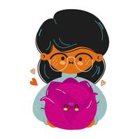 Young cute funny girl hold red cabbage in hand. Girl hugs cute red cabbage. Vector hand drawn doodle style cartoon character illustration icon design. Isolated on white background