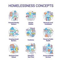 Homelessness concept icons set. Creating social barriers idea thin line color illustrations. Donate clothes. Fundraise. Isolated symbols. Editable stroke. vector