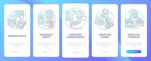 Types of grants blue gradient onboarding mobile app screen. Business walkthrough 5 steps graphic instructions pages with linear concepts. UI, UX, GUI template. vector