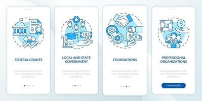 Grants for workplace development blue onboarding mobile app screen. Walkthrough 4 steps graphic instructions pages with linear concepts. UI, UX, GUI template. vector