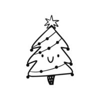 Outline Christmas tree illustration. Kawaii tree. vector