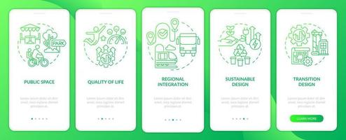 Principles of urban design green gradient onboarding mobile app screen. Walkthrough 5 steps graphic instructions pages with linear concepts. UI, UX, GUI template. vector