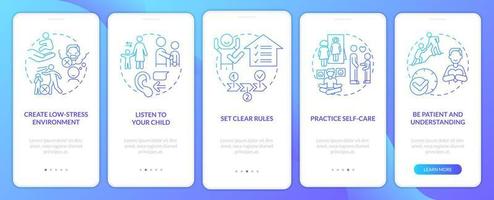 Conduct disorder parent tips blue gradient onboarding mobile app screen. Walkthrough 5 steps graphic instructions pages with linear concepts. UI, UX, GUI template. vector