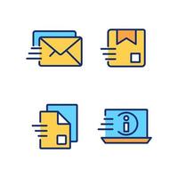 Information transmission pixel perfect RGB color icons set. Letter and parcel delivery. Digital data. Isolated vector illustrations. Simple filled line drawings collection. Editable stroke