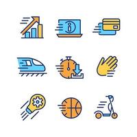 Moving objects pixel perfect RGB color icons set. Digital payment. Raising and development. Electric scooter. Isolated vector illustrations. Simple filled line drawings collection. Editable stroke