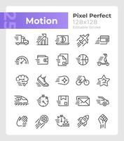 Motion pixel perfect linear icons set. Motor vehicle. Sport activity. Customizable thin line symbols. Isolated vector outline illustrations. Editable stroke. Montserrat Bold, Light fonts