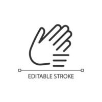 Waving hand pixel perfect linear icon. Nonverbal communication. Greeting and calling gesture. Thin line illustration. Contour symbol. Vector outline drawing. Editable stroke.