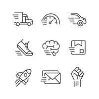 Motion and speed pixel perfect linear icons set. Fast motor vehicle. Parcel and letter delivery. Customizable thin line symbols. Isolated vector outline illustrations. Editable stroke