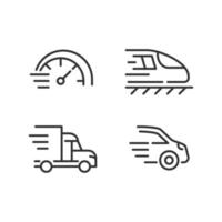 Fast transport pixel perfect linear icons set. Motor vehicle. Train and automobile. Delivery and transit. Customizable thin line symbols. Isolated vector outline illustrations. Editable stroke