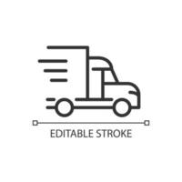 Truck pixel perfect linear icon. Cargo delivery. Transportation and logistics. Express shipment. Thin line illustration. Contour symbol. Vector outline drawing. Editable stroke.