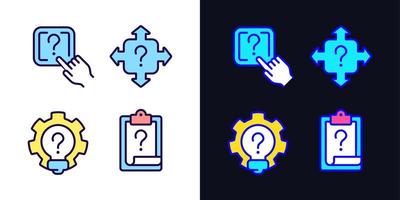 Questions and answers in technical support light and dark theme color icons set. Digital data storage access. Simple filled line drawings. Bright cliparts on white and black. Editable stroke vector