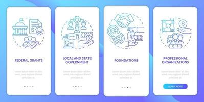 Workplace development grants blue gradient onboarding mobile app screen. Walkthrough 4 steps graphic instructions pages with linear concepts. UI, UX, GUI template. vector