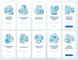 Small business incentives blue onboarding mobile app screen set. Support walkthrough 5 steps graphic instructions pages with linear concepts. UI, UX, GUI template. vector