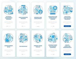 conjunto de pantalla de aplicación móvil de incorporación azul de incentivos para pequeñas empresas. Soporte tutorial 5 pasos páginas de instrucciones gráficas con conceptos lineales. interfaz de usuario, ux, plantilla de interfaz gráfica de usuario. vector