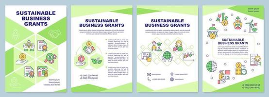 Sustainable business grants green brochure template. Eco-friendly work. Leaflet design with linear icons. 4 vector layouts for presentation, annual reports.