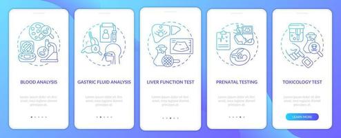 pantalla de aplicación móvil de incorporación de gradiente azul de servicios de diagnóstico. tutorial 5 pasos páginas de instrucciones gráficas con conceptos lineales. interfaz de usuario, ux, plantilla de interfaz gráfica de usuario. vector