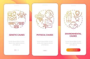 Conduct disorder causes red gradient onboarding mobile app screen. Walkthrough 3 steps graphic instructions pages with linear concepts. UI, UX, GUI template. vector