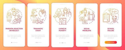 Conduct disorder risk factors red gradient onboarding mobile app screen. Walkthrough 5 steps graphic instructions pages with linear concepts. UI, UX, GUI template. vector