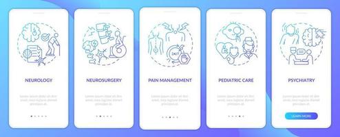 pantalla de aplicación móvil de incorporación de gradiente azul de servicios de clínica médica. tutorial 5 pasos páginas de instrucciones gráficas con conceptos lineales. interfaz de usuario, ux, plantilla de interfaz gráfica de usuario. vector