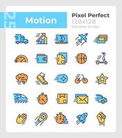 Motion pixel perfect RGB color icons set. Motor vehicle. Sport activity. Isolated vector illustrations. Simple filled line drawings collection. Editable stroke. Montserrat Bold, Light fonts