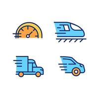 Fast transport pixel perfect RGB color icons set. Motor vehicle. Train and automobile. Delivery and transit. Isolated vector illustrations. Simple filled line drawings collection. Editable stroke