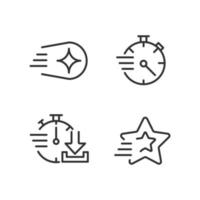 Speed and time pixel perfect linear icons set. Shooting star and comet. Stopwatch. Quick download. Customizable thin line symbols. Isolated vector outline illustrations. Editable stroke