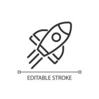 Rocket pixel perfect linear icon. Launch spacecraft into cosmos. Space shuttle. Start up. Thin line illustration. Contour symbol. Vector outline drawing. Editable stroke.