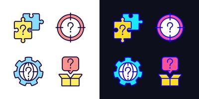Searching of new problem solutions light and dark theme color icons set. Question marks. Alternative answers. Simple filled line drawings. Bright cliparts on white and black. Editable stroke