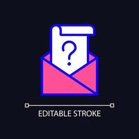 Mail question RGB color icon for dark theme. Envelope and letter with question mark. Searching issue solution. Simple filled line drawing on night mode background. Editable stroke. vector