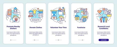 Ways to help homeless people onboarding mobile app screen. Donate clothes walkthrough 5 steps graphic instructions pages with linear concepts. UI, UX, GUI template. vector