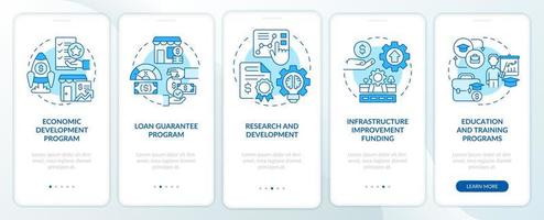 Helping programs for small business blue onboarding mobile app screen. Walkthrough 5 steps graphic instructions pages with linear concepts. UI, UX, GUI template. vector