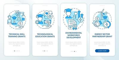 Federal grants for tech training blue onboarding mobile app screen. Walkthrough 4 steps graphic instructions pages with linear concepts. UI, UX, GUI template. vector