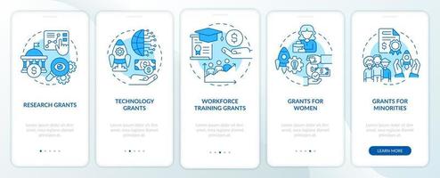 Types of grants blue onboarding mobile app screen. Program for business walkthrough 5 steps graphic instructions pages with linear concepts. UI, UX, GUI template. vector