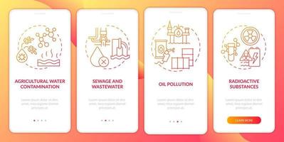 Water pollution causes red gradient onboarding mobile app screen. Walkthrough 4 steps graphic instructions pages with linear concepts. UI, UX, GUI template. vector