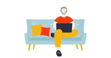 Man working with computer on the sofa isolated, home office, student or freelancer. Customer service, call center and support. Vector illustration