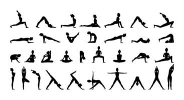 mujer joven haciendo ejercicios de yoga o pilates. conjunto de ilustraciones de silueta vectorial diseño aislado sobre fondo blanco. iconos, gráficos de camisetas, impresión vector