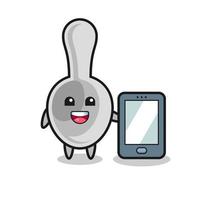 spoon illustration cartoon holding a smartphone vector