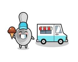 caricatura de mascota de cuchara con camión de helados vector