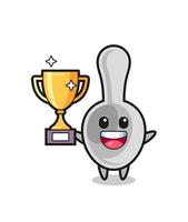 Cartoon Illustration of spoon is happy holding up the golden trophy vector