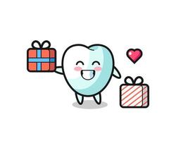 tooth mascot cartoon giving the gift