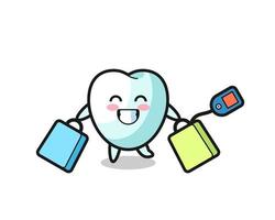 tooth mascot cartoon holding a shopping bag vector