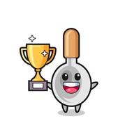 Cartoon Illustration of cooking spoon is happy holding up the golden trophy vector