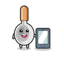 dibujos animados de ilustración de cuchara de cocina sosteniendo un teléfono inteligente vector