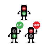 a set of three mascots of traffic lights for pedestrians, with a variety of poses, perfect for illustration, education and logos vector