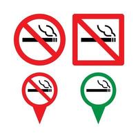 set of four logos and no-smoking signs, black cigarettes with smoke in red and green circles vector