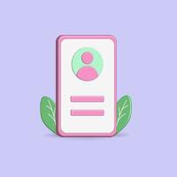 3D smartphone profile icon vector and green leaf, with white and pink color, technology theme property picture