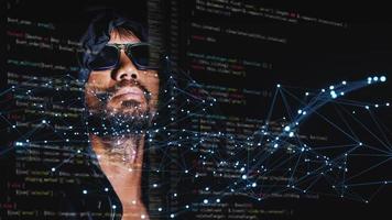 The concept of hackers and insecurity in networking. Dishonest hood man or data thieves photo