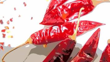 chiles rojos, hojuelas de chile que se muestran sobre un fondo blanco foto