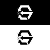 Abstract vector logo of arrows and target marks forming from a lowercase g and up to a large G from an arrow